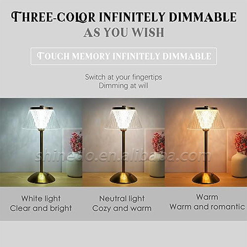 Cordless Rechargeable Lights Touch Control 3 Colors Stepless Dimmable LED Table Lamp Diamond-CrystalLamp Ambient Night Light SD-SR436