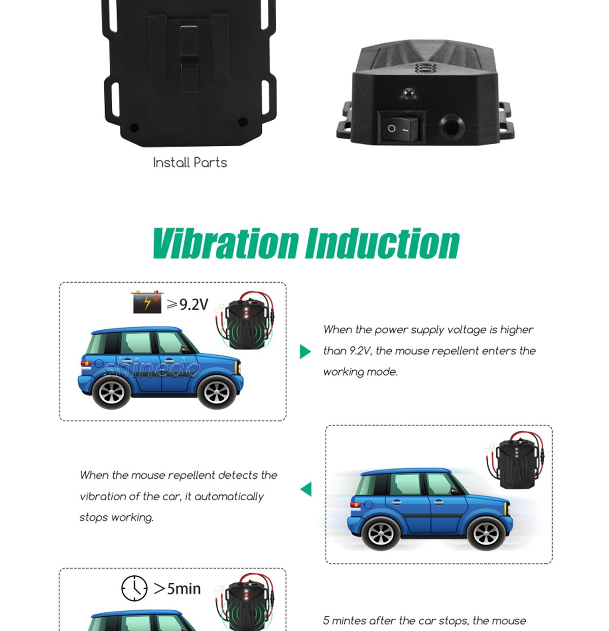 The vehicle electronic mouse repellent is used to prevent rat pests from gnawing on electrical wires at night