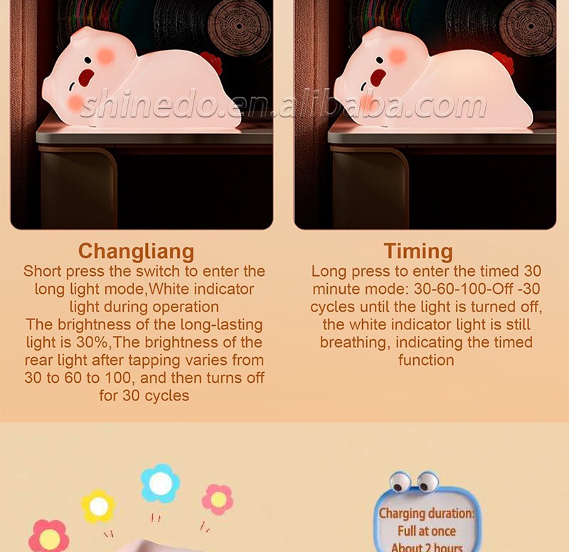 Touch Sensor Led Pat Night Light Rechargeable Cartoon Pig Silicone Animal Light Baby Toy Kids Lamp Night Light Bedroom SD-SR1017