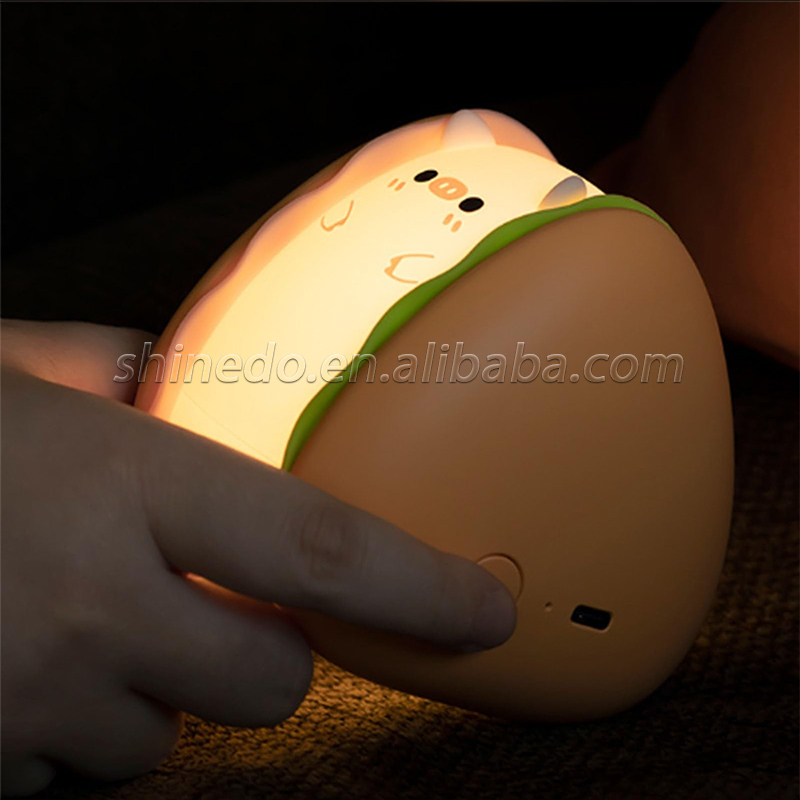 Piggy Hamburger Night Light Touch Led Control Pat Light Bedside Table Lamp Rechargeable Kids Sublimation Night Light Silicone SD-SR1020