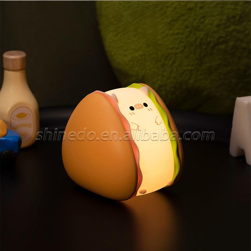 Piggy Hamburger Night Light Touch Led Control Pat Light Bedside Table Lamp Rechargeable Kids Sublimation Night Light Silicone SD-SR1020