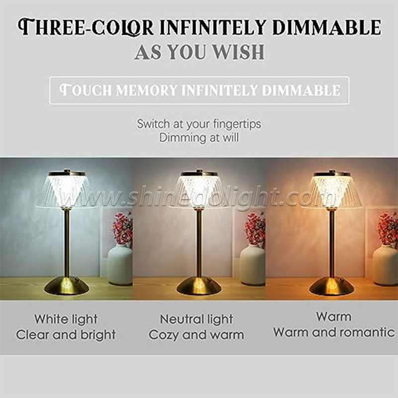 Cordless Rechargeable Lights Touch Control 3 Colors Stepless Dimmable LED Table Lamp Diamond-CrystalLamp Ambient Night Light SD-SR435