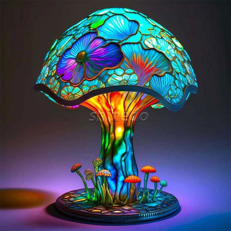 Factory Price Unique Decoration Painting Resin Colorful Table Lamp Mushroom Light Diy Stained Glass Led Decorative Table Lamp